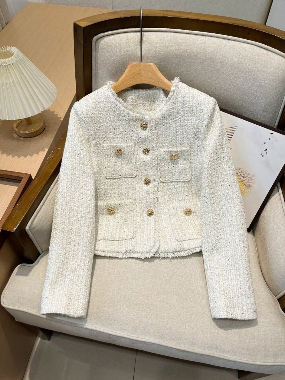Beige Elegant Women's Casual Loose French Button Tweed Fringe Short Jacket - Picture 3 of 9